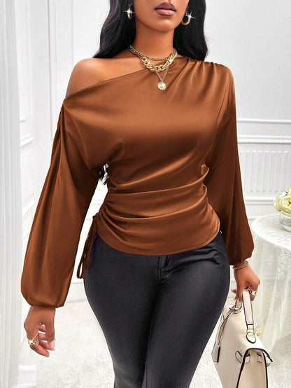 Amazon Cross-Border European and American New Women's Satin Shirt Spring and Summer Asymmetrical Long-Sleeved Slope Collar Shirt Top