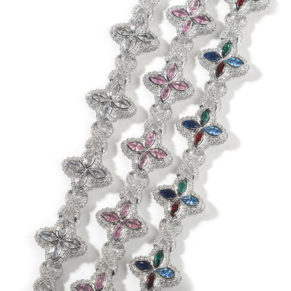 Hip-Hop Rap Chain Infinite Four-Leaf Clover Bracelet Fashionable Trendy Cool Handsome High-End 5A Zircon Colorful Necklace Jewelry