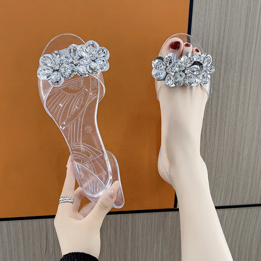 bingbing Sparkling Jelly Shoes Women's Summer Crystal Flat Heeled Fish Mouth Transparent Outer Wear Sandals Sanda