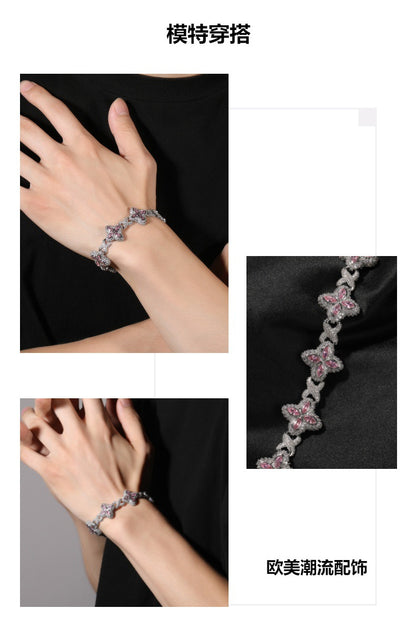 Hip-Hop Rap Chain Infinite Four-Leaf Clover Bracelet Fashionable Trendy Cool Handsome High-End 5A Zircon Colorful Necklace Jewelry