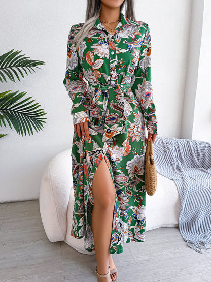 2026 Spring/Summer European and American Retro Floral Lapel Tie Shirt Dress Long Dress Amazon Cross-Border Women's Clothing