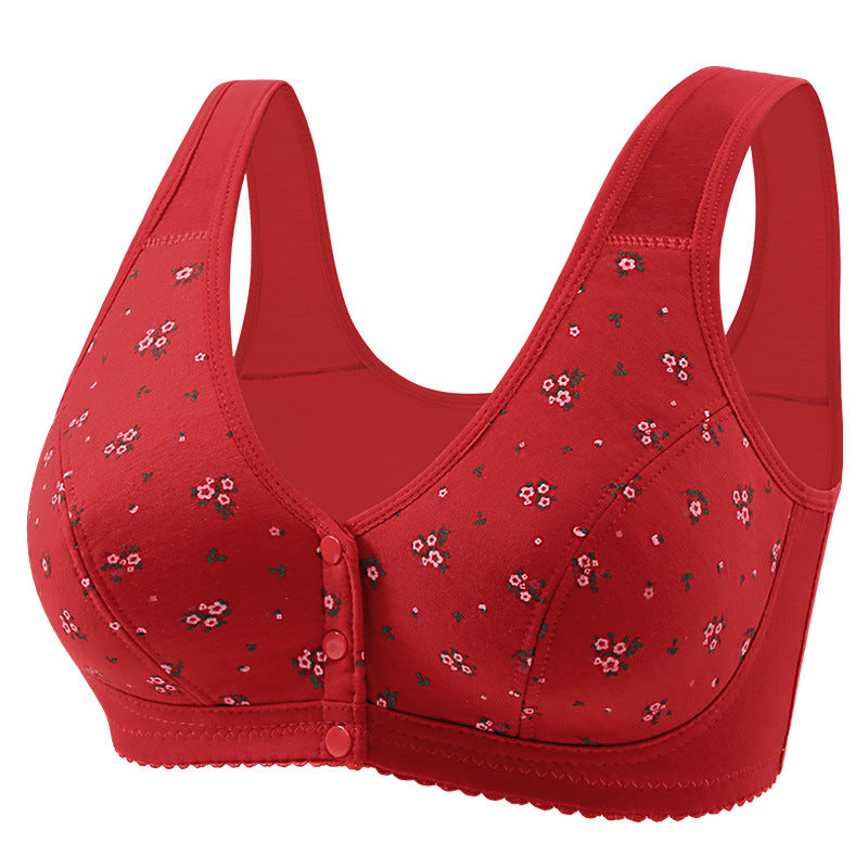Front Button Middle-Aged and Elderly Large Size Push-Up Bra Thin Underwear Women's Soft Cotton Printed Wire-Free Vest Style Underwear