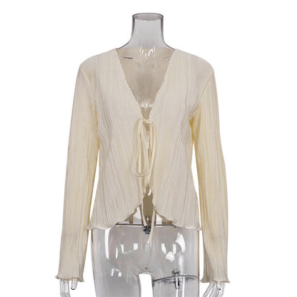 European and American Ins Style 2024 New Summer Sexy Hot Girl Top Slim-fit Horn Long-sleeved Pleated Shirt Women's French Style
