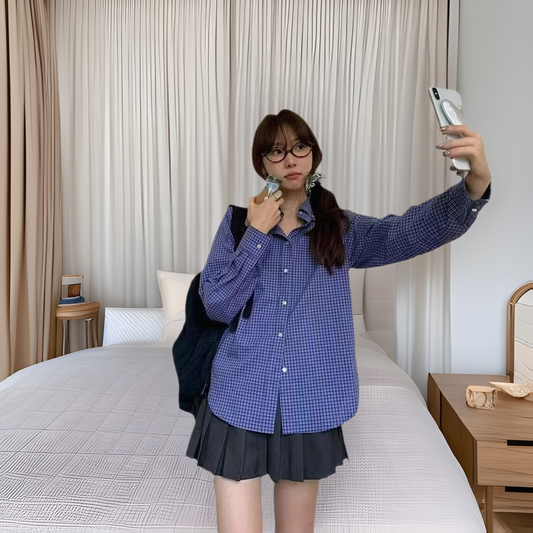 Cross-Border Blue Plaid Japanese-Style Women's Clothing Autumn Hot-Selling Plaid Shirt Thin Cardigan Sun Protection Shirt French-Style Blouse Plus Size