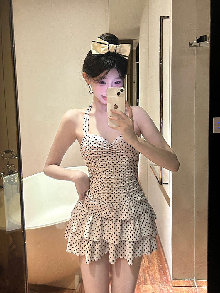 Backless Swimwear Women's Retro Polo Hot Spring Sweet Dress Conservative Slim Belly Covering Body Pure Desire New Swimwear