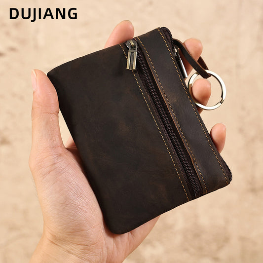 Cross-Border Crazy Horse Leather Short Coin Purse Card Holder, Lightweight Portable Coin Storage Bag, Small Wallet, Genuine Leather Vintage Bag