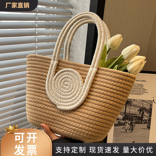 Contrast Cotton Rope Woven Handbag Women's Bag Korean Style Bag New Large Capacity Stylisse Handbag All-match Tote Bag