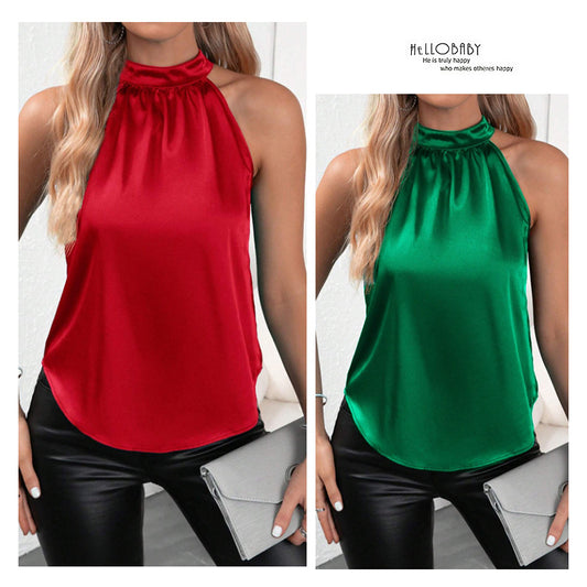 Amazon 2026 European and American Cross-Border Foreign Trade Summer New Satin Vest for Women, Solid Color Off-Shoulder Halter Neck Sleeveless Top