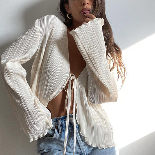 European and American Ins Style 2024 New Summer Sexy Hot Girl Top Slim-fit Horn Long-sleeved Pleated Shirt Women's French Style