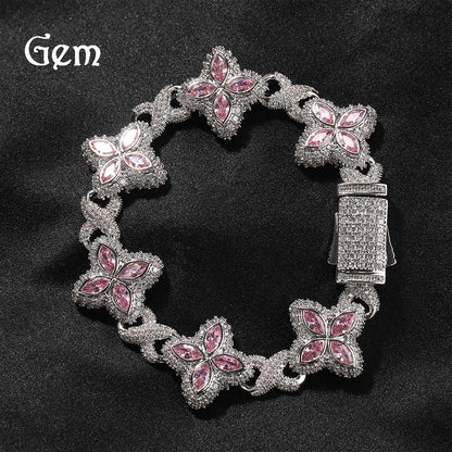Hip-Hop Rap Chain Infinite Four-Leaf Clover Bracelet Fashionable Trendy Cool Handsome High-End 5A Zircon Colorful Necklace Jewelry