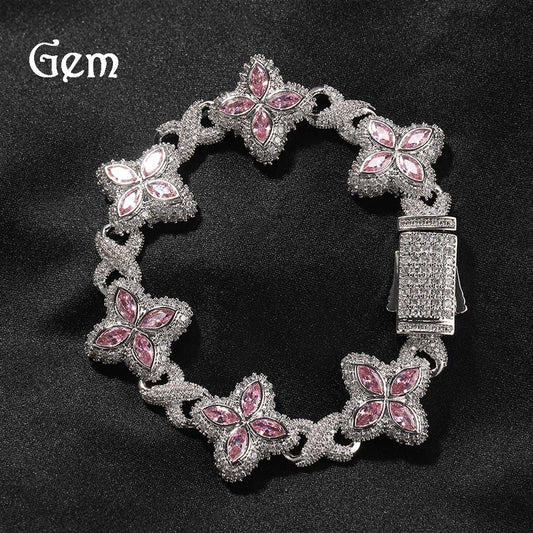 Hip-Hop Rap Chain Infinite Four-Leaf Clover Bracelet Fashionable Trendy Cool Handsome High-End 5A Zircon Colorful Necklace Jewelry
