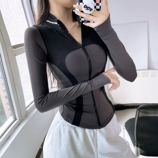 Autumn and Winter Slim Stitching Sports Jacket Women's Tight-Fit Vertical Collar Zipper Fitness Jacket Stretch Top Yoga Clothes Long Sleeve