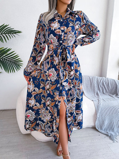 2026 Spring/Summer European and American Retro Floral Lapel Tie Shirt Dress Long Dress Amazon Cross-Border Women's Clothing