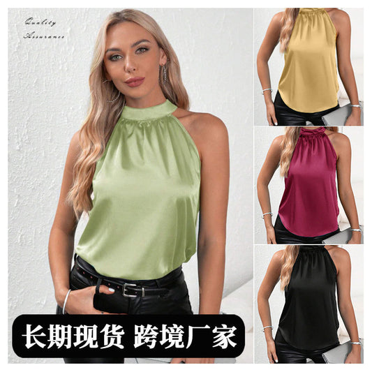 Amazon 2026 European and American Cross-Border Foreign Trade Summer New Satin Vest for Women, Solid Color Off-Shoulder Halter Neck Sleeveless Top