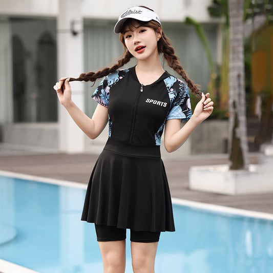 plus size swimsuit women's one-piece skirt short sleeve professional sports swimsuit mother 200kg conservative belly slim hot spring