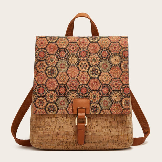Cross-Border New Model 2026 Fashion Retro Printed Bark Cork Flip-Top Backpack Women's Large Capacity Backpack