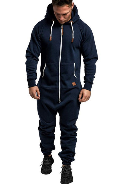 In-Stock New Foreign Trade Men's Hooded Fleece Jumpsuit Solid Color Casual Men's Suit Jumpsuit