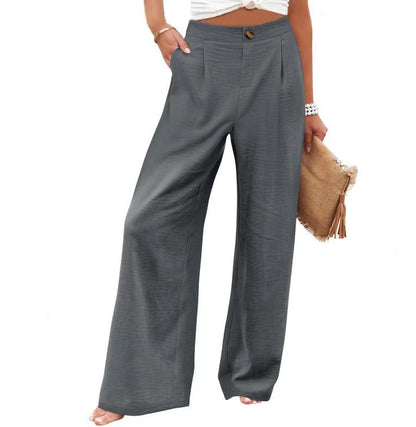 2026 Cross-Border Amazon European and American Summer Comfortable High-Waisted Long Pants with Buttons and Elastic Waist Wide-Leg Pants for Women Casual Straight-Leg Pants