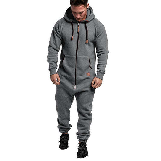 In-Stock New Foreign Trade Men's Hooded Fleece Jumpsuit Solid Color Casual Men's Suit Jumpsuit