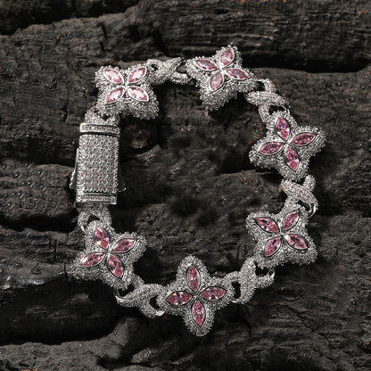 Hip-Hop Rap Chain Infinite Four-Leaf Clover Bracelet Fashionable Trendy Cool Handsome High-End 5A Zircon Colorful Necklace Jewelry