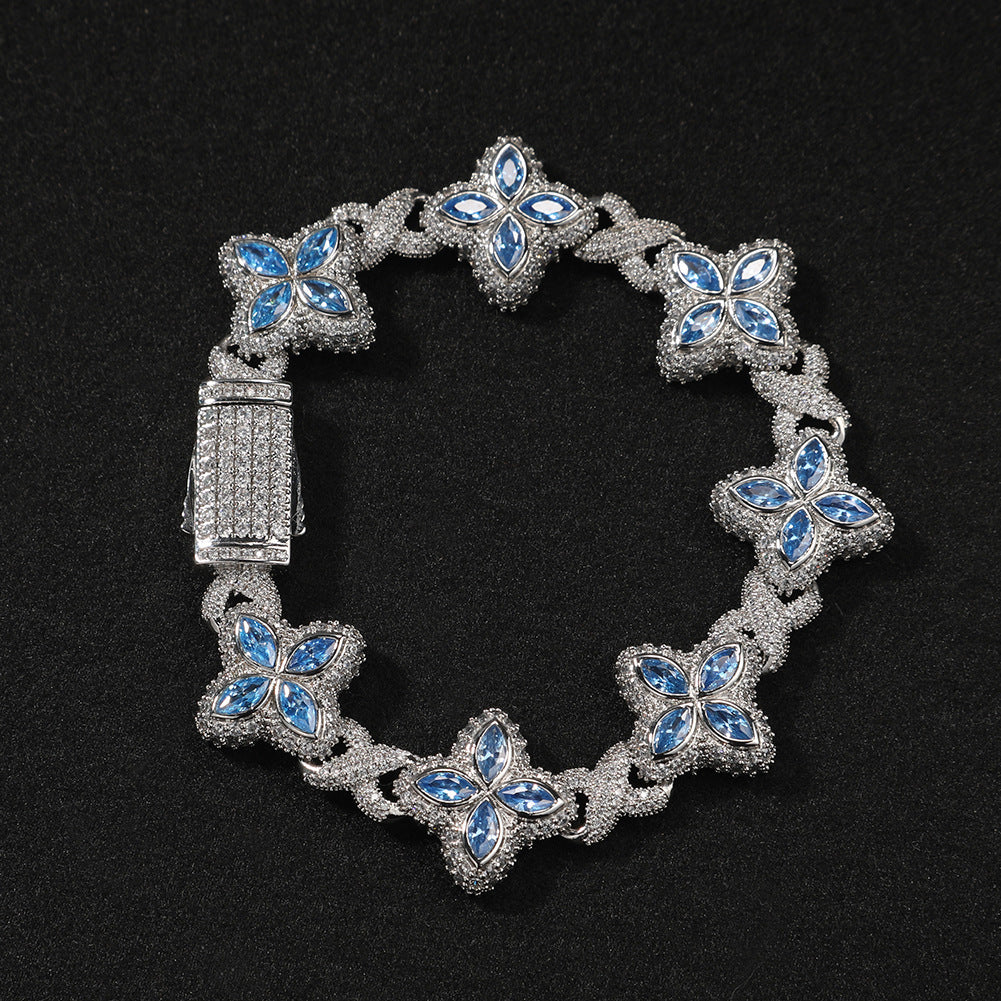 Hip-Hop Rap Chain Infinite Four-Leaf Clover Bracelet Fashionable Trendy Cool Handsome High-End 5A Zircon Colorful Necklace Jewelry