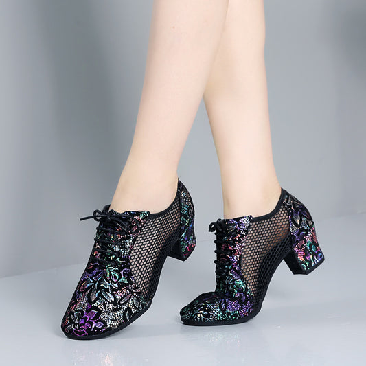 Leather Dance Shoes Latin Dance Shoes Adult Women's Middle-heel Teacher Shoes Cowhide Modern Dance Shoes Square Dance
