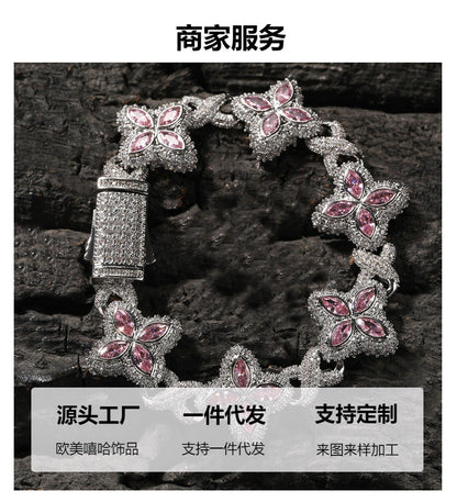 Hip-Hop Rap Chain Infinite Four-Leaf Clover Bracelet Fashionable Trendy Cool Handsome High-End 5A Zircon Colorful Necklace Jewelry