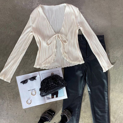 European and American Ins Style 2024 New Summer Sexy Hot Girl Top Slim-fit Horn Long-sleeved Pleated Shirt Women's French Style