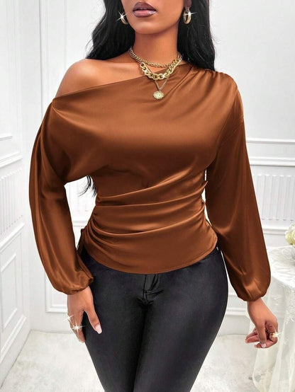 Amazon Cross-Border European and American New Women's Satin Shirt Spring and Summer Asymmetrical Long-Sleeved Slope Collar Shirt Top