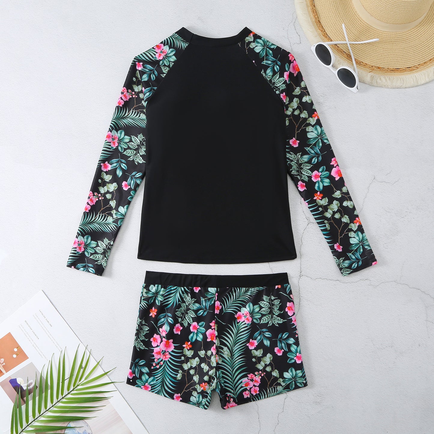 2025 New European and American Foreign Trade Cross-border Swimsuit Women's Long-sleeved Digital Printing Conservative Women's Split Bikini Swimsuit