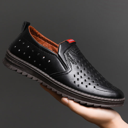 Hollow-Out Leather Shoes for Men, Summer Breathable Soft Leather Low-Top Business Casual Versatile Slip-On Perforated Dad Shoes