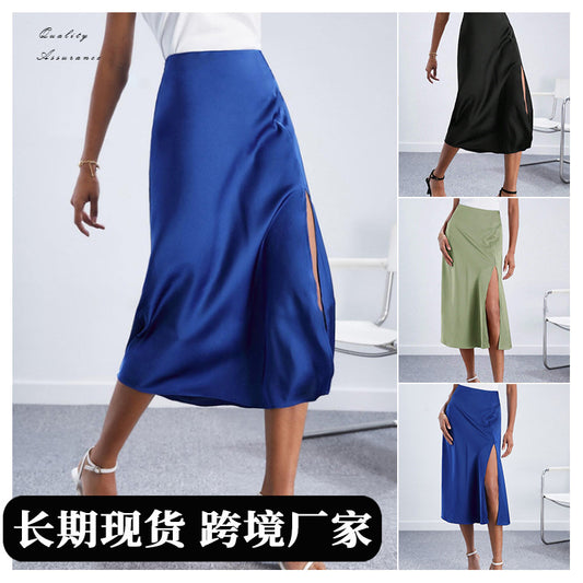 High-Waist Satin Skirt Slit Long Skirt Satin Skirt Spring New Lady Style European and American Large Hem Skirt Direct Sale