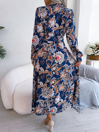 2026 Spring/Summer European and American Retro Floral Lapel Tie Shirt Dress Long Dress Amazon Cross-Border Women's Clothing