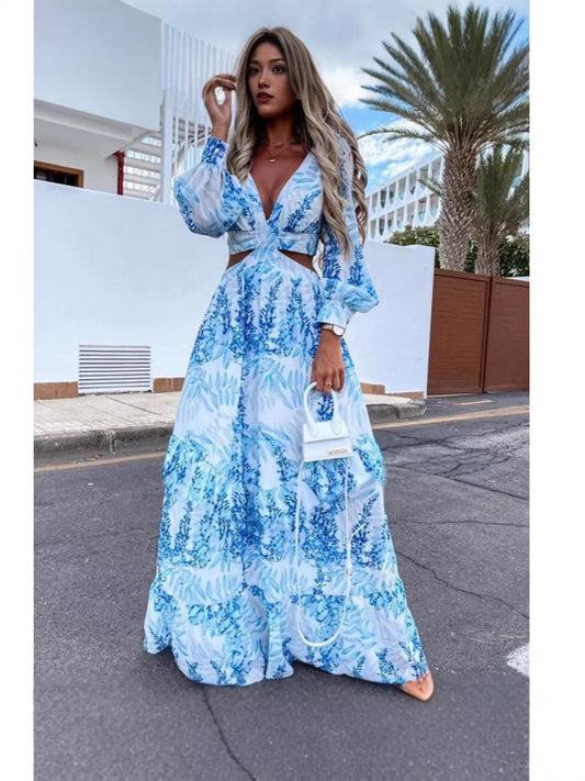 Cross-Border European and American Fashion Women's Clothing Spring and Summer New Long Dress Printed V-Neck Sexy Long-Sleeved Beach Dress