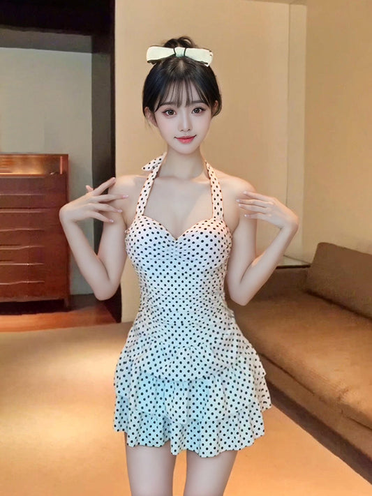 Backless Swimwear Women's Retro Polo Hot Spring Sweet Dress Conservative Slim Belly Covering Body Pure Desire New Swimwear