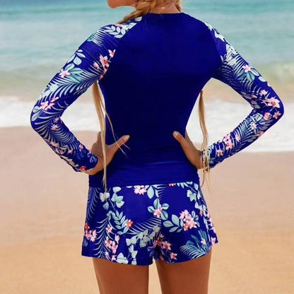 2025 New European and American Foreign Trade Cross-border Swimsuit Women's Long-sleeved Digital Printing Conservative Women's Split Bikini Swimsuit