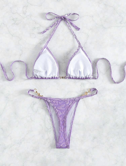 2025 European and American New Sexy T-Shaped Pearl Leopard Print Special Fabric Swimsuit Bikini Bikini Cross-Border