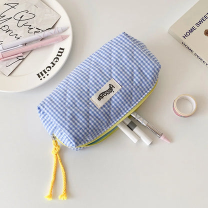 Student Color Blocking Checkered Pencil Case Girls' Stationery Bag Makeup Brush Holder Makeup Bag Women Cosmetic Bag Coin Purse