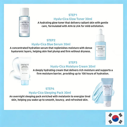 Centella HyaluCica Travel Kit,Brightening Toner, Blue Ampoule Serum,Night Sleeping Pack and Moisturizer Cream Skincare Mini Set