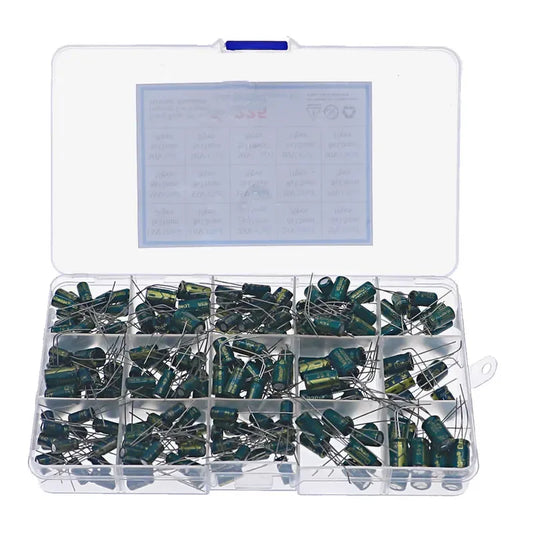 225Pcs 15Value Aluminum Electrolytic Capacitors Set 16V-50V 1uF-470uF green Assorted Kit Storage Low ESR