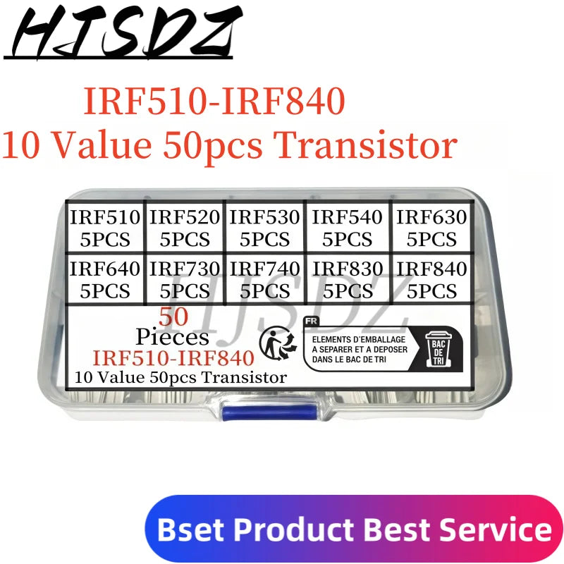 50 Uds 10 tipos Kit surtido de transistores Mosfet IRF640 IRF740 IRF830 IRF840 IRF530 IRF630 IRF820 IRF510 IRF520 IRF540 Series