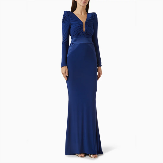 Luxury Evening Dress V-Neck Long Sleeves Pleat Jersey Mermaid Evening Gowns Floor Length Prom Dresses Dress Customized