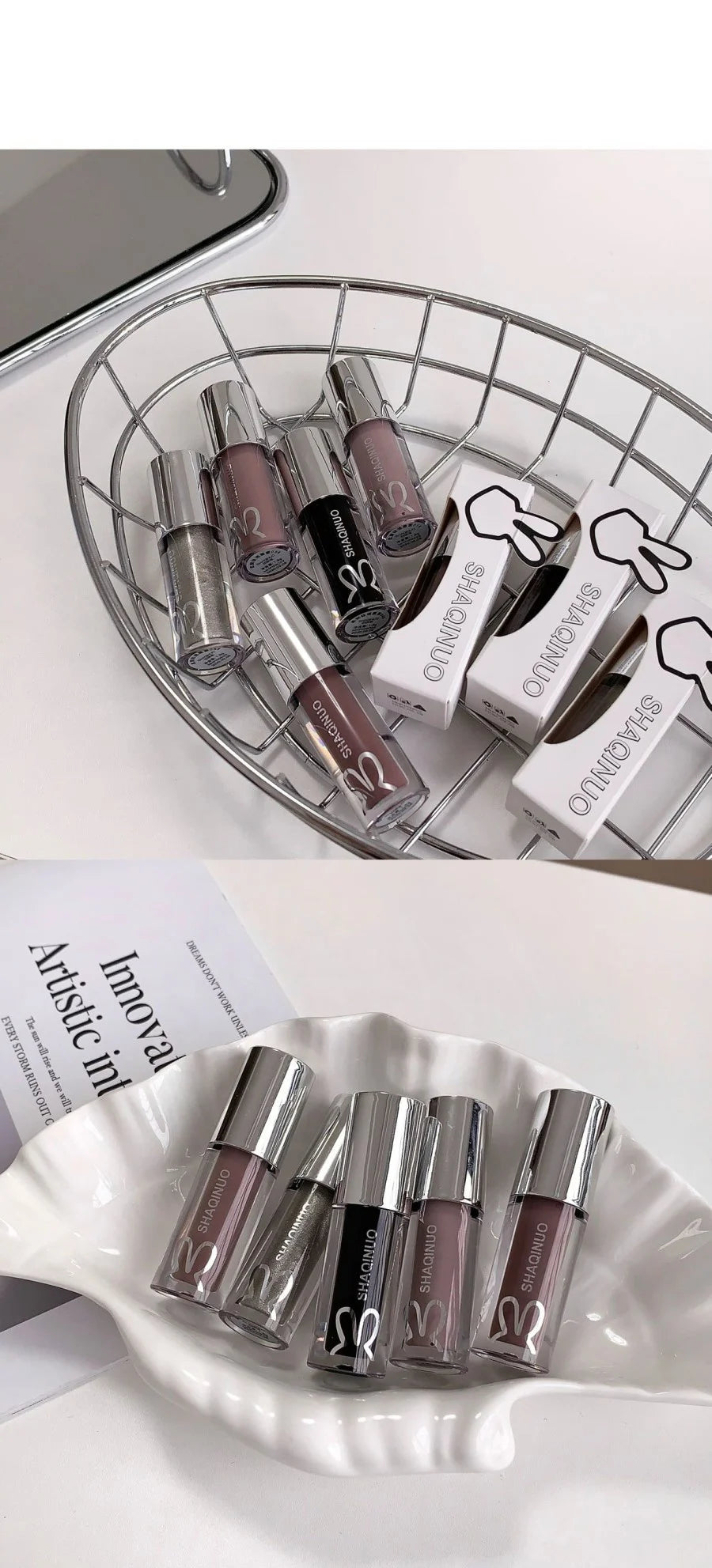 1Pc Lip Gloss Mirror Moisturizing Gothic Pure Black Silver Fine Flash Low Saturation Lip Glazed Lasting Lip Makeup Halloween
