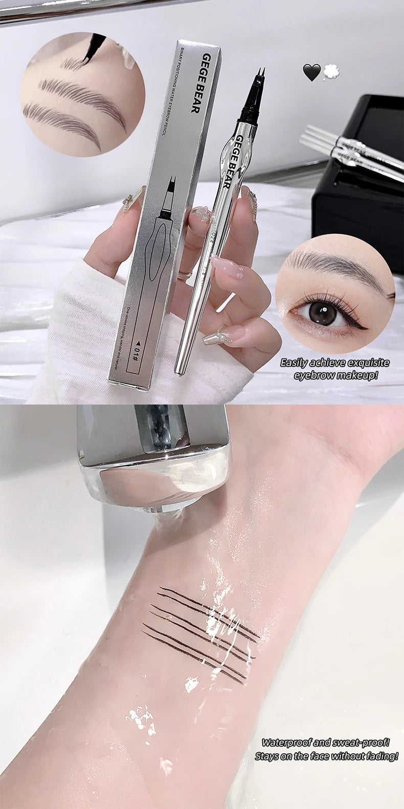 Two-Prong Eyebrow Pen For Women Gege Bear Long-lasting Natural Strokes Waterproof Anti-Sweat Non-smudged All-Day Wear Eye Makeup