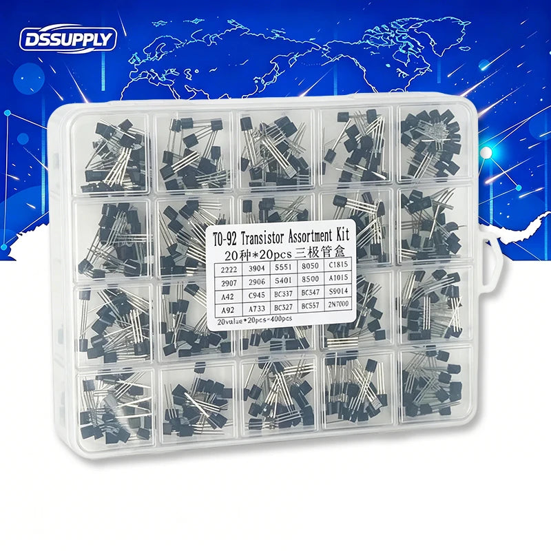 400PCS/Box TO-92 Transistor KIT Set 20 Values 2N2222 2N3904 2N5551 S8050 C1815 2907 3606 5401 S8550 A1015 MPSA42 A92 C945 BC547B