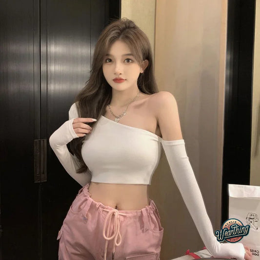 Fashion Chic Irregular Off-shoulder Long Sleeve T-shirt Women's Y2K Sexy Slim Crop Top
