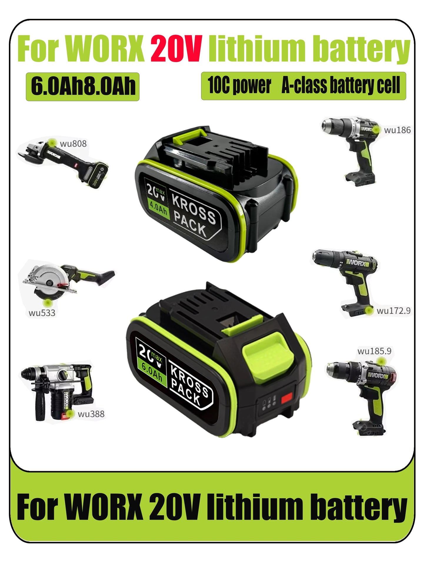 Hot For WORX WA3520 6000mAh/8000mAh Li-ion Battery For dewalt tools for WORX 5pin WA3525 20V Cordless Power Tool Model Battery