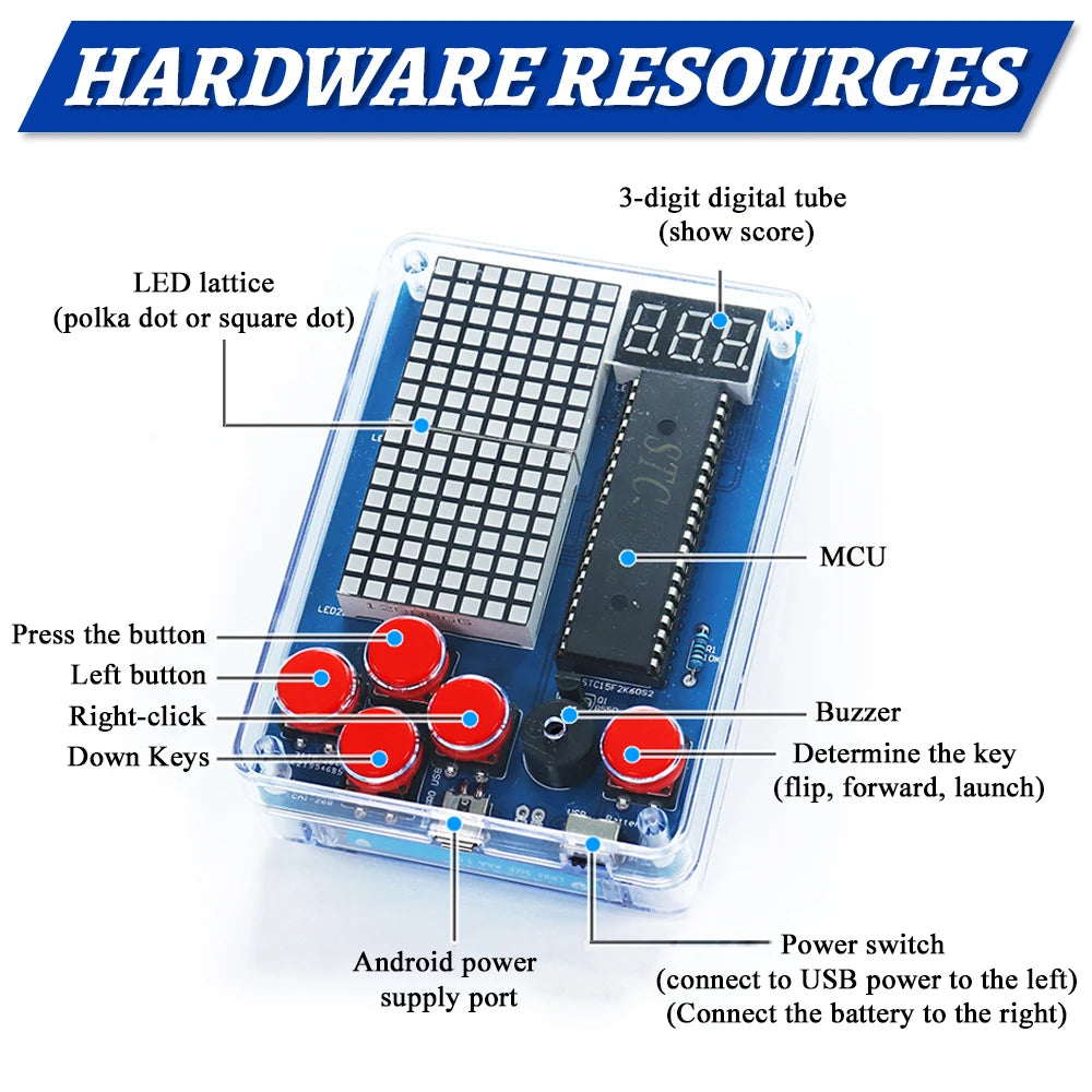DIY Kit Electronic Pixel Game Console LED Dot Matrix Digital Tube Display DIY Soldering Kit STC15F2K60S2 MCU Double-Sided PCB