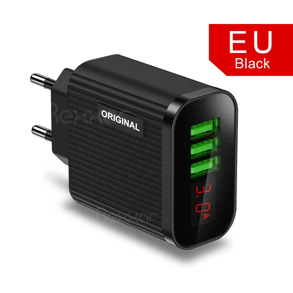 5V 3.1A 3 USB Charging Ports  Universal Wall For iPhone 12 Samsung Xiaomi Huawei Mobile Phone Chargers LED Display Fast Charger