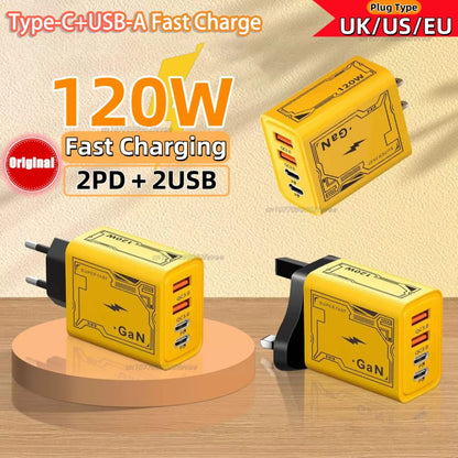120W Original Charger EU/UK/US 4-Ports Ultra Fast Charging Type-C GaN Phone Charger USB-C QC 3.0 Universal Phone Adapter